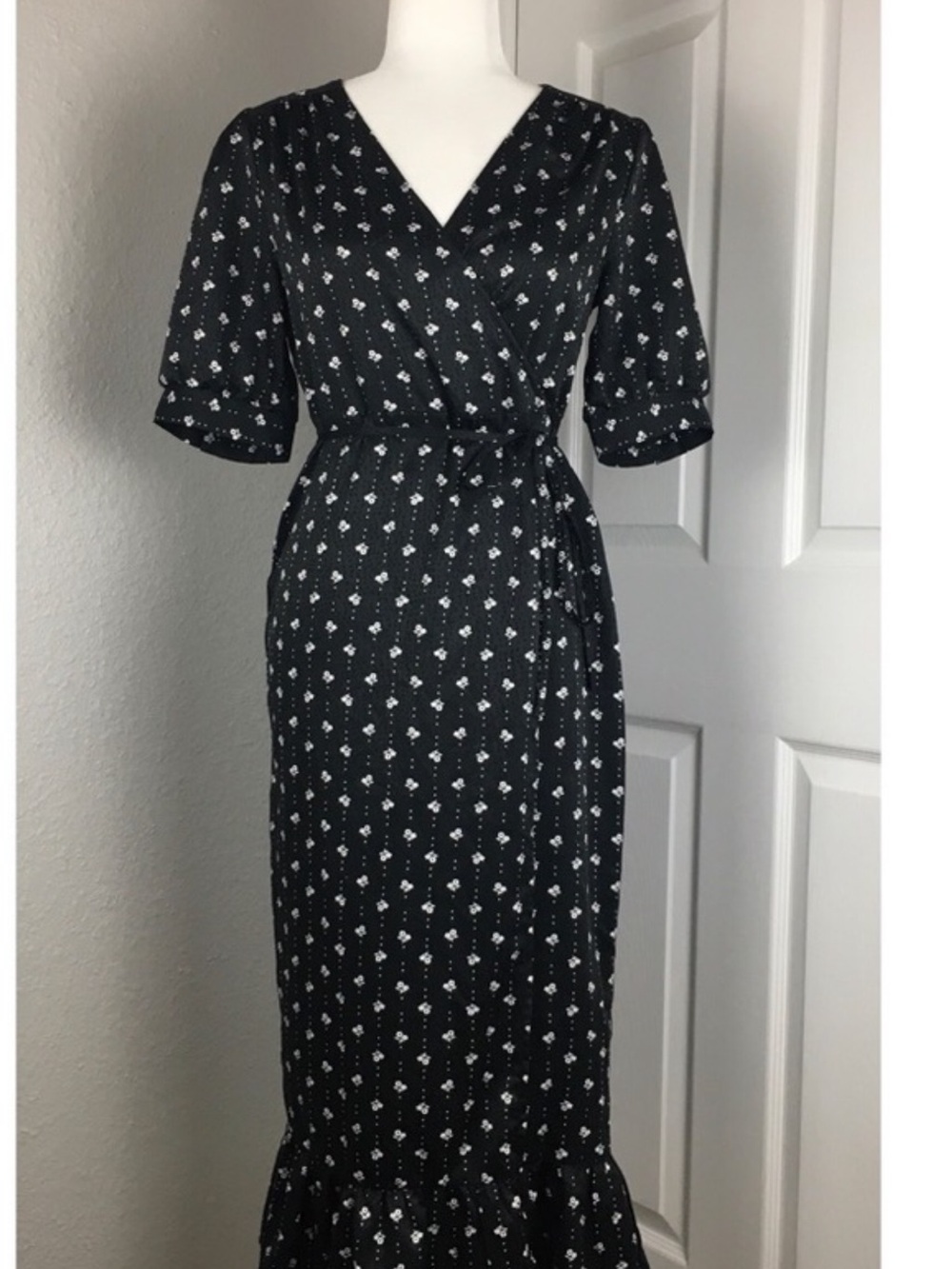 Urban Outfitters Black Maxi Wrap Dress with White Floral Print